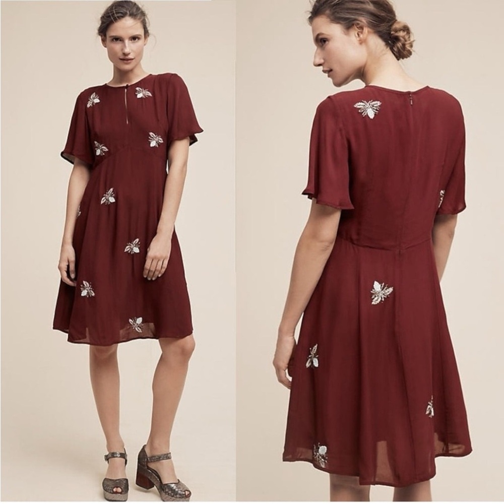 Anthropologie Burgundy Floral Embroidered Short Sleeve Dress
